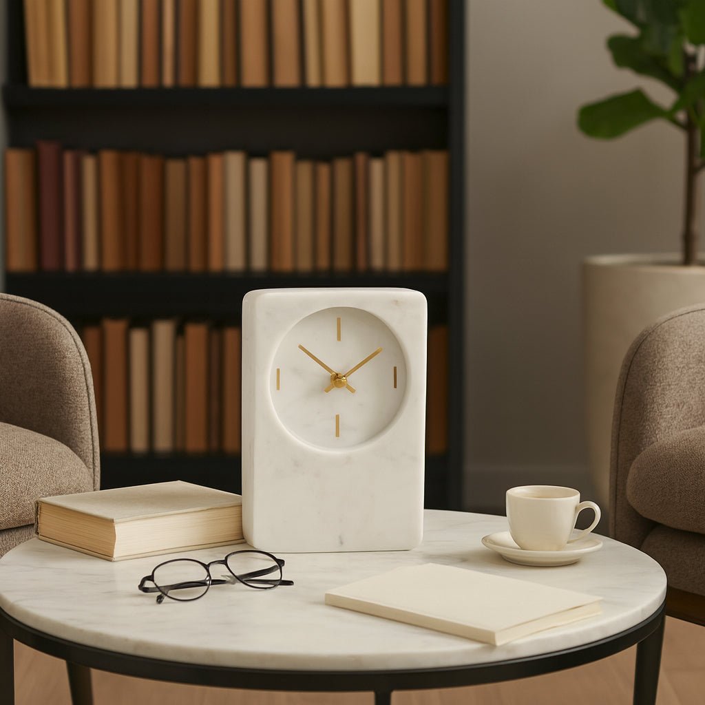 8x6" Marble Clock With Brass Details, White Clocks| Sagebrook Home
