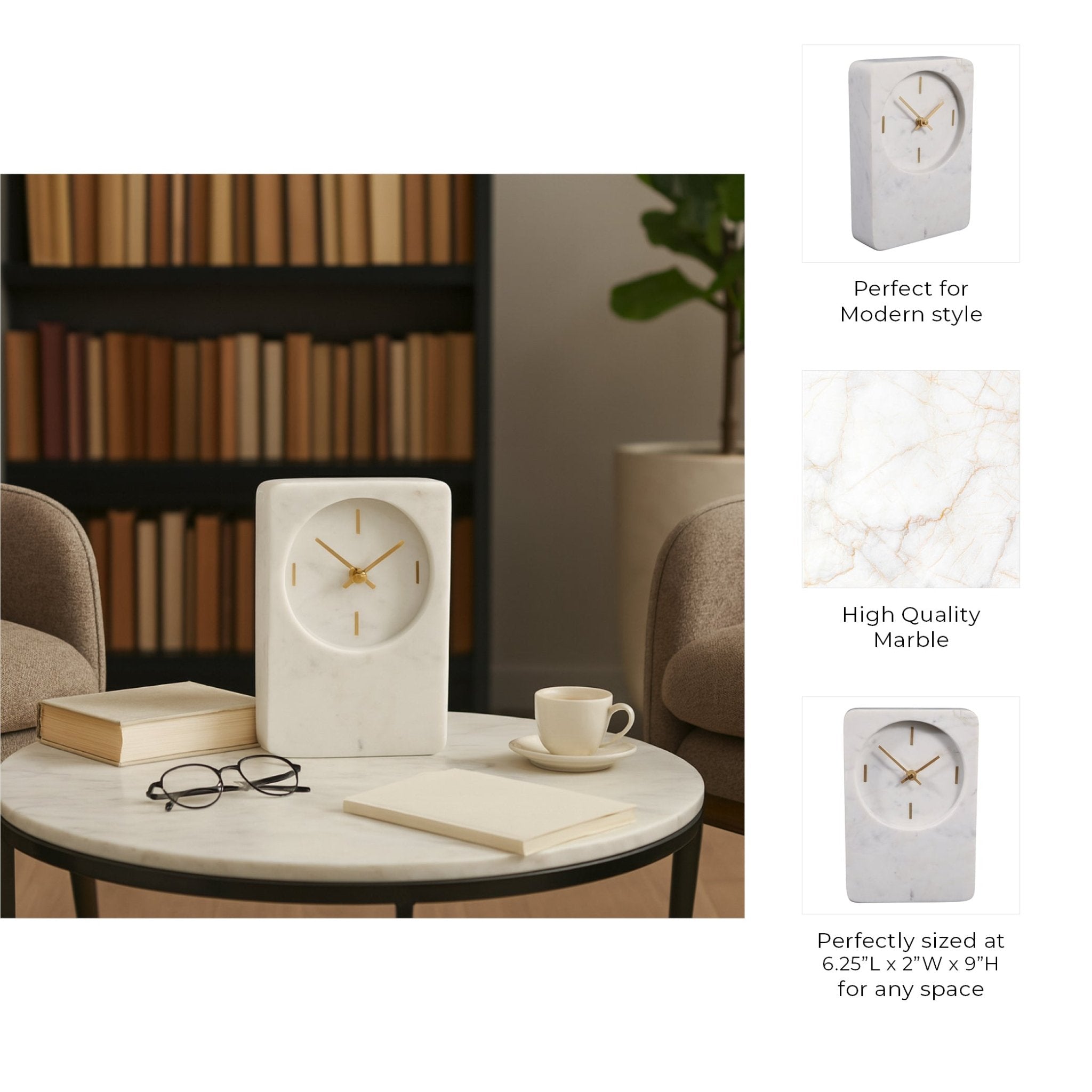 8x6" Marble Clock With Brass Details, White Clocks| Sagebrook Home