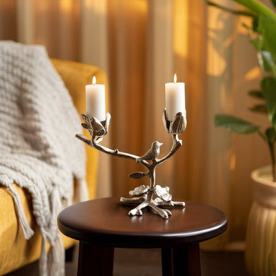 8x8" Bird On Twig 2 - taper Holder, Champagne - Al Rugaib Furniture