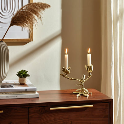 8x8" Bird On Twig 2 - taper Holder, Champagne - Al Rugaib Furniture