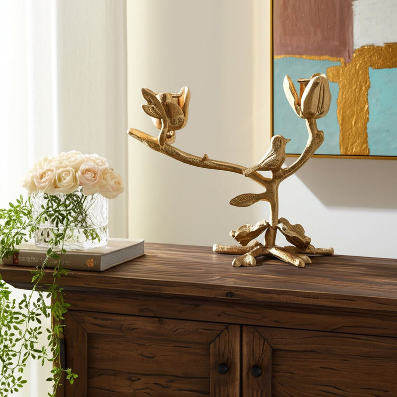 8x8" Bird On Twig 2 - taper Holder, Champagne - Al Rugaib Furniture