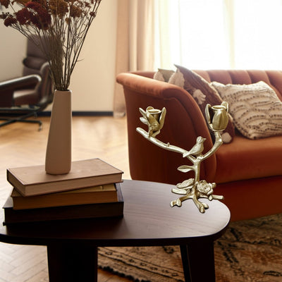 8x8" Bird On Twig 2 - taper Holder, Champagne - Al Rugaib Furniture