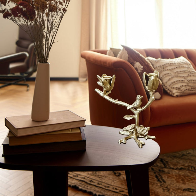 8x8" Bird On Twig 2 - taper Holder, Champagne - Al Rugaib Furniture