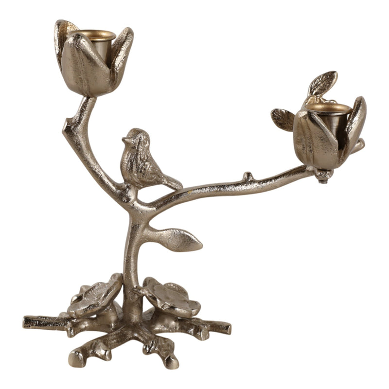 8x8" Bird On Twig 2 - taper Holder, Champagne - Al Rugaib Furniture