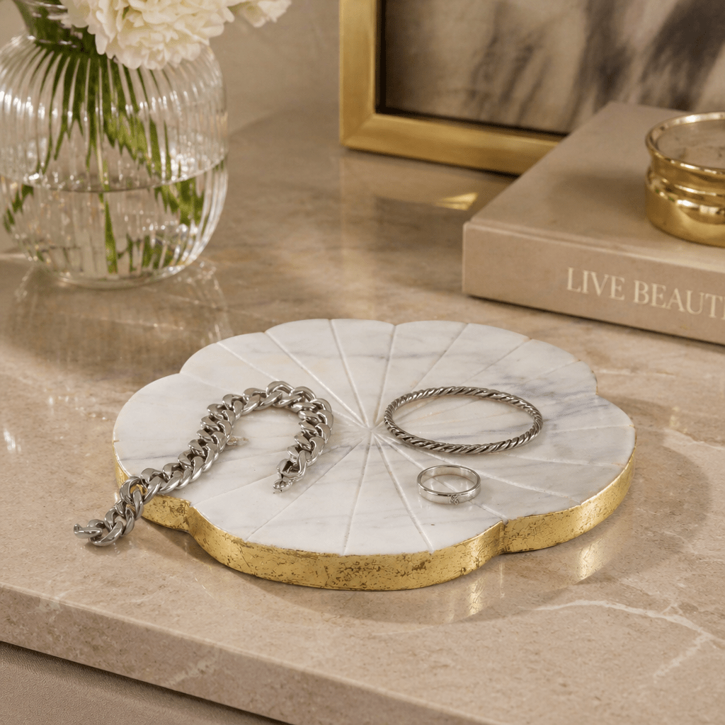 8x8" Marble Flower Tray W/ Gold Edges, White Tray| Sagebrook Home