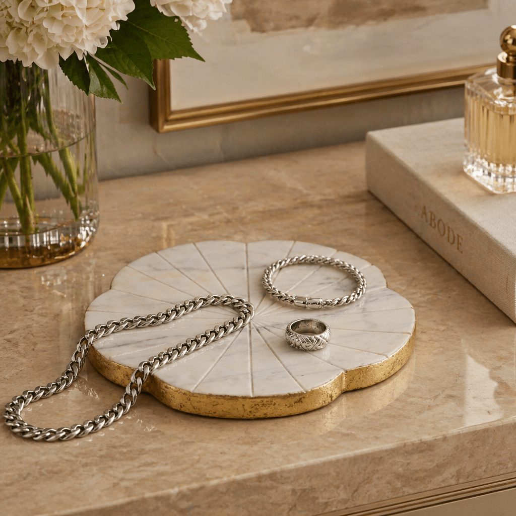 8x8" Marble Flower Tray W/ Gold Edges, White Tray| Sagebrook Home