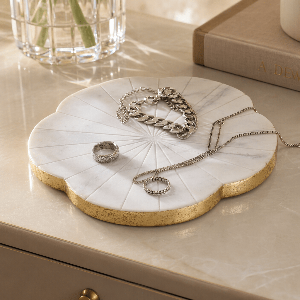 8x8" Marble Flower Tray W/ Gold Edges, White Tray| Sagebrook Home