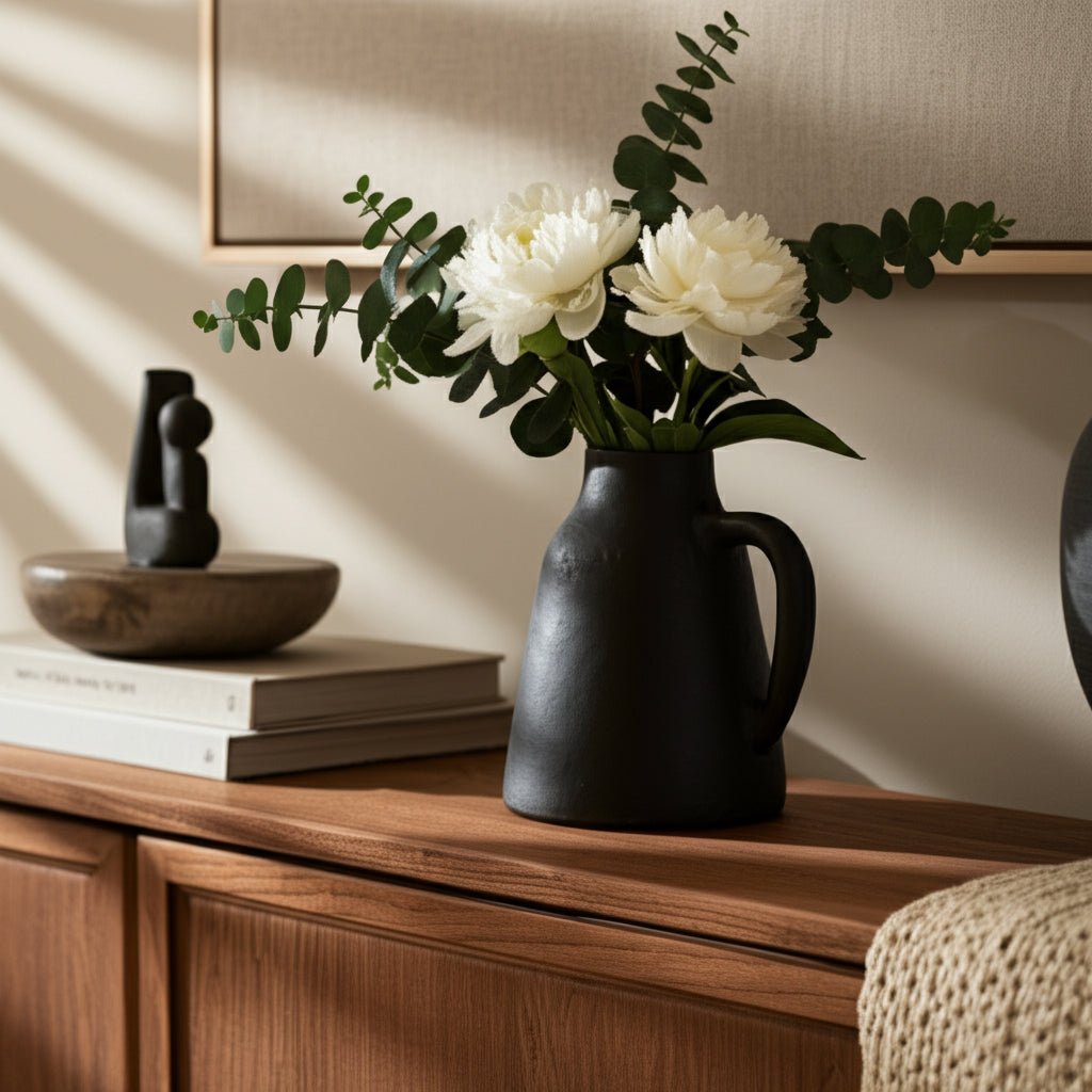 8x8" Terracotta Vase With Handle, Black Vases and Jars| Sagebrook Home