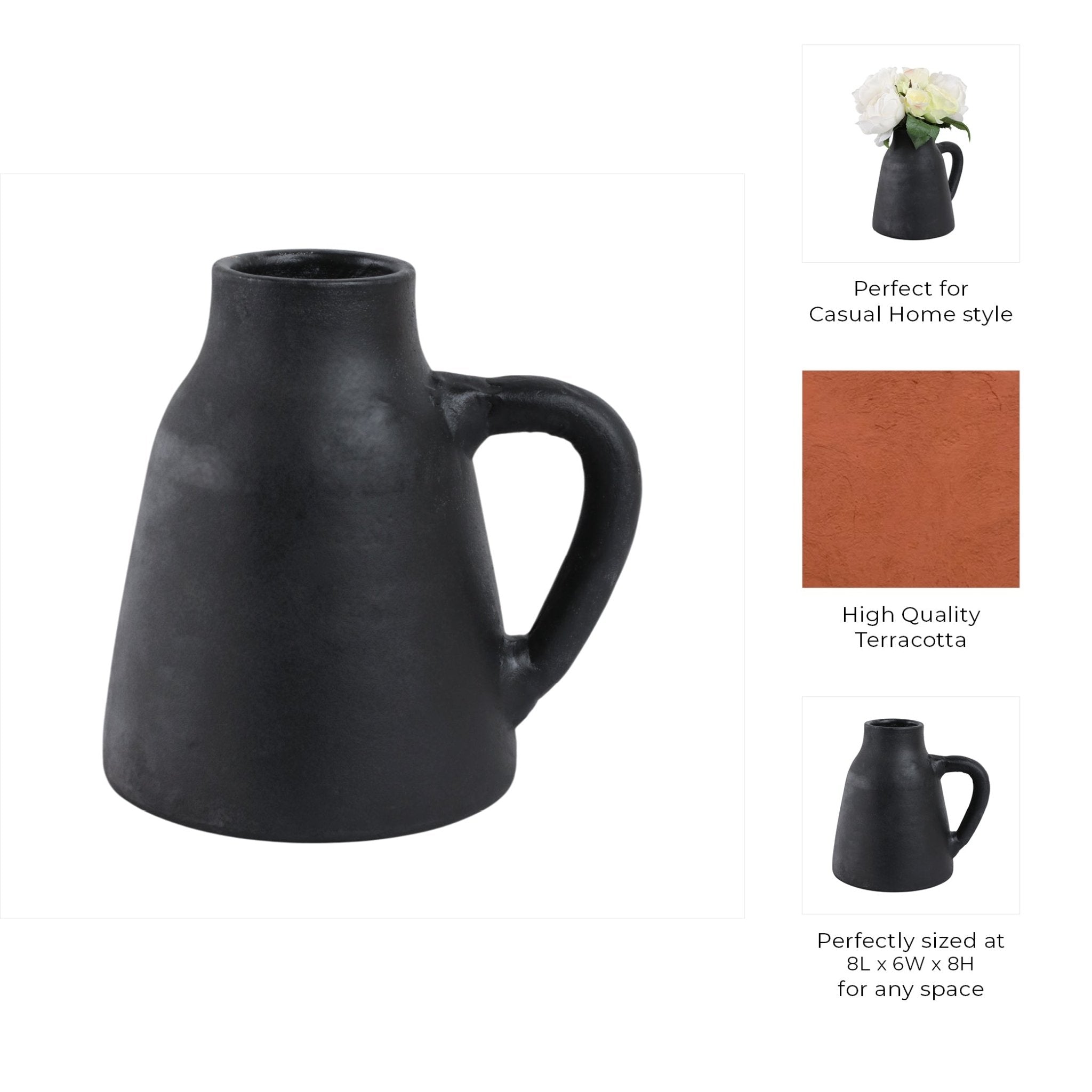 8x8" Terracotta Vase With Handle, Black Vases and Jars| Sagebrook Home
