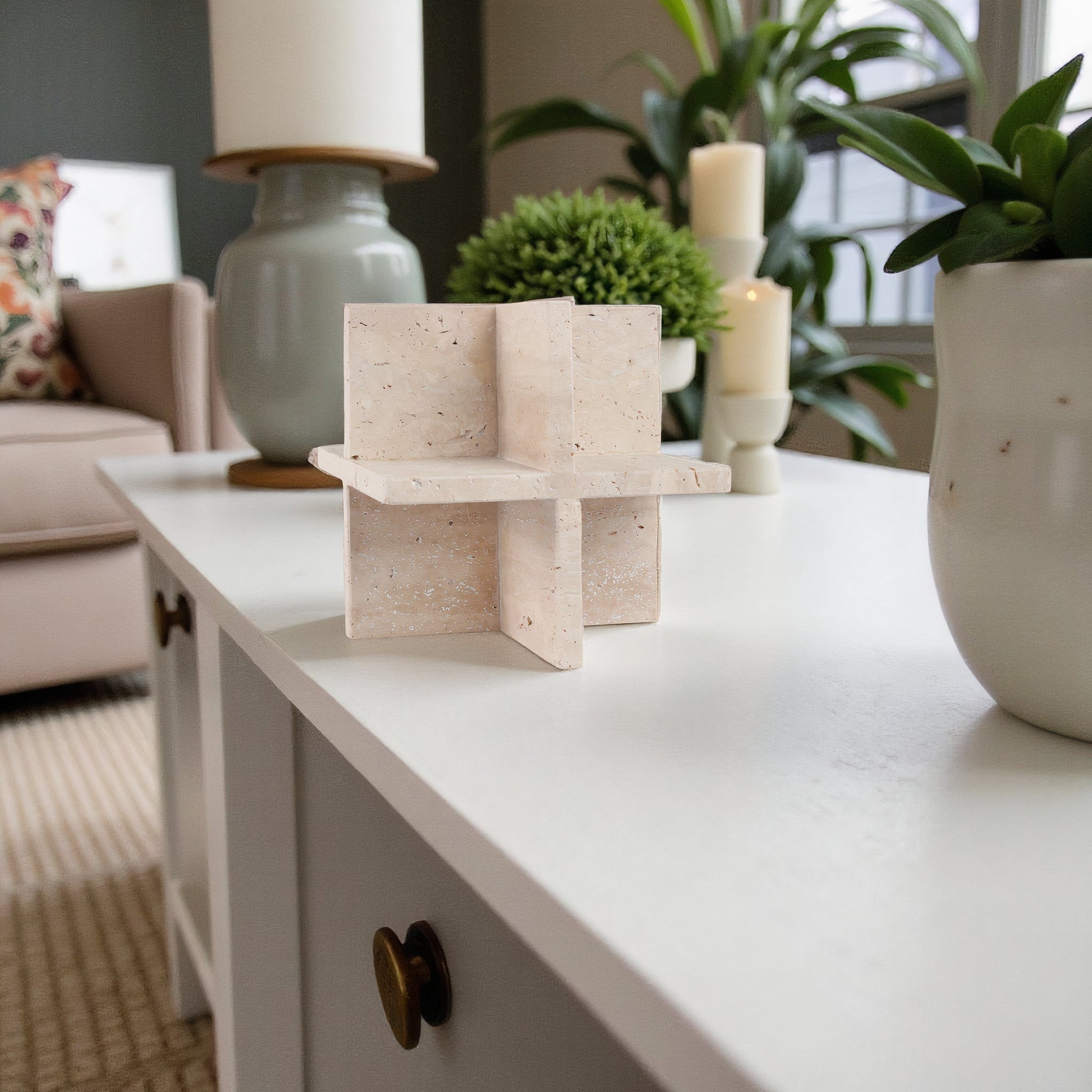 8X8" TRAVERTINE GEO OBJECT, TAN Table Decors| Sagebrook Home