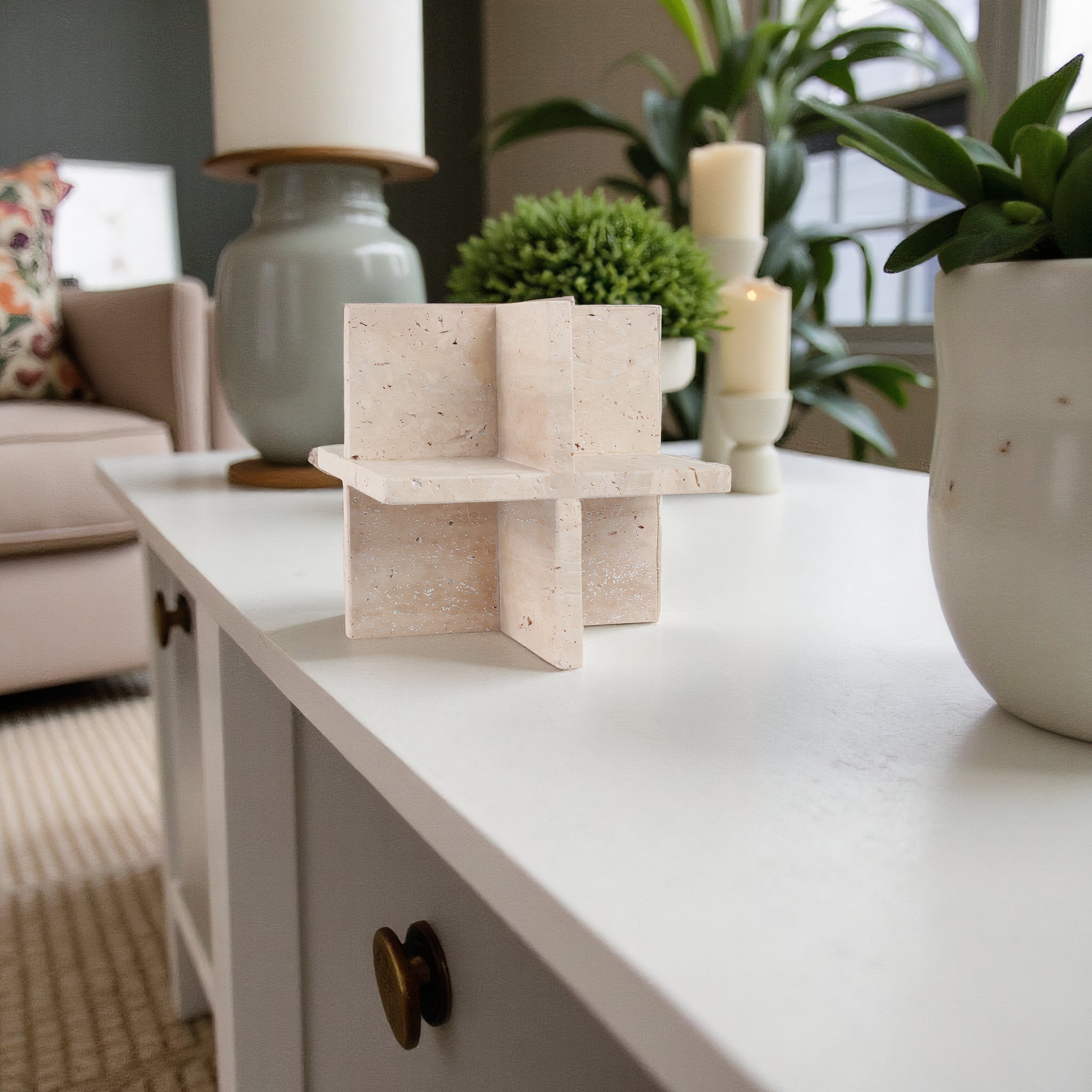 8X8" TRAVERTINE GEO OBJECT, TAN Table Decors| Sagebrook Home