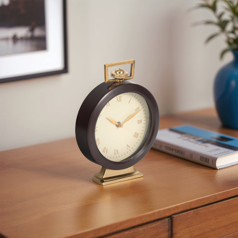9" Jansen Gold And Brown Desk Clock - Al Rugaib Furniture