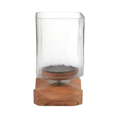 9" Jarvie Small Wood & Glass Candle Hurricane,brwn - Al Rugaib Furniture