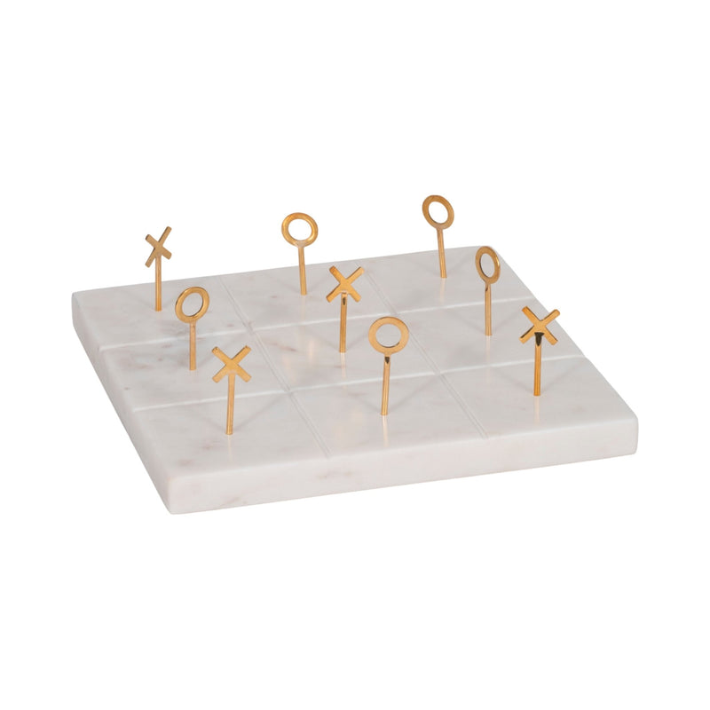 9" Marble Tic - tac - toe With Gold X & O, White/gold - Al Rugaib Furniture