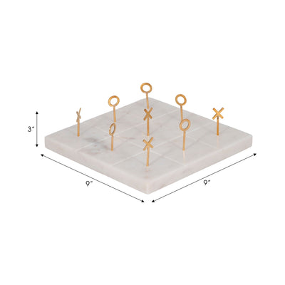 9" Marble Tic - tac - toe With Gold X & O, White/gold - Al Rugaib Furniture
