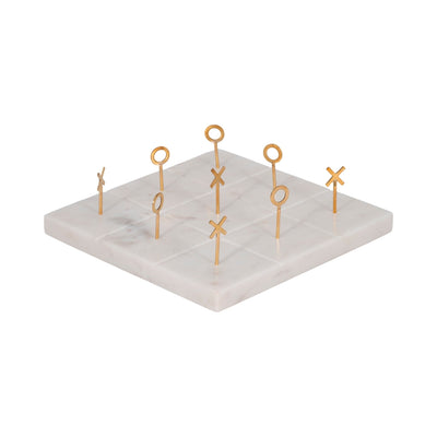 9" Marble Tic - tac - toe With Gold X & O, White/gold - Al Rugaib Furniture