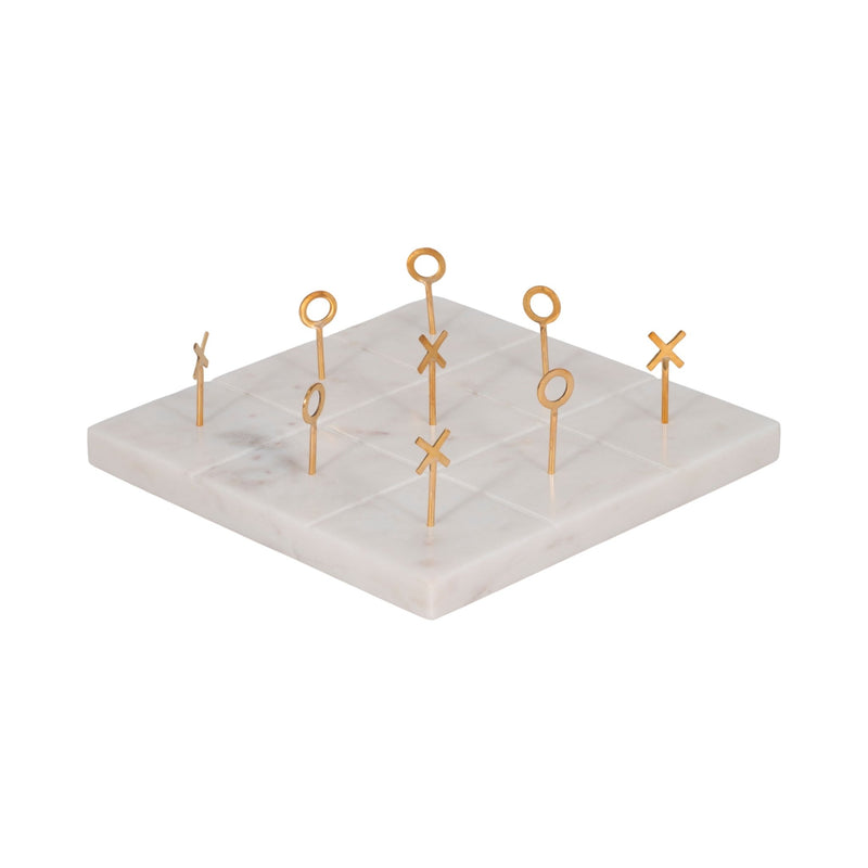 9" Marble Tic - tac - toe With Gold X & O, White/gold - Al Rugaib Furniture