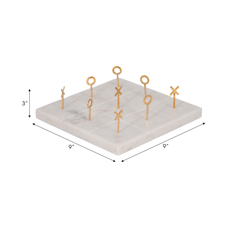 9" Marble Tic - tac - toe With Gold X & O, White/gold - Al Rugaib Furniture