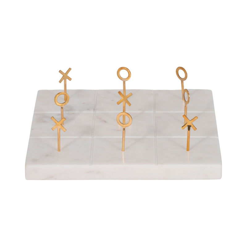 9" Marble Tic - tac - toe With Gold X & O, White/gold - Al Rugaib Furniture