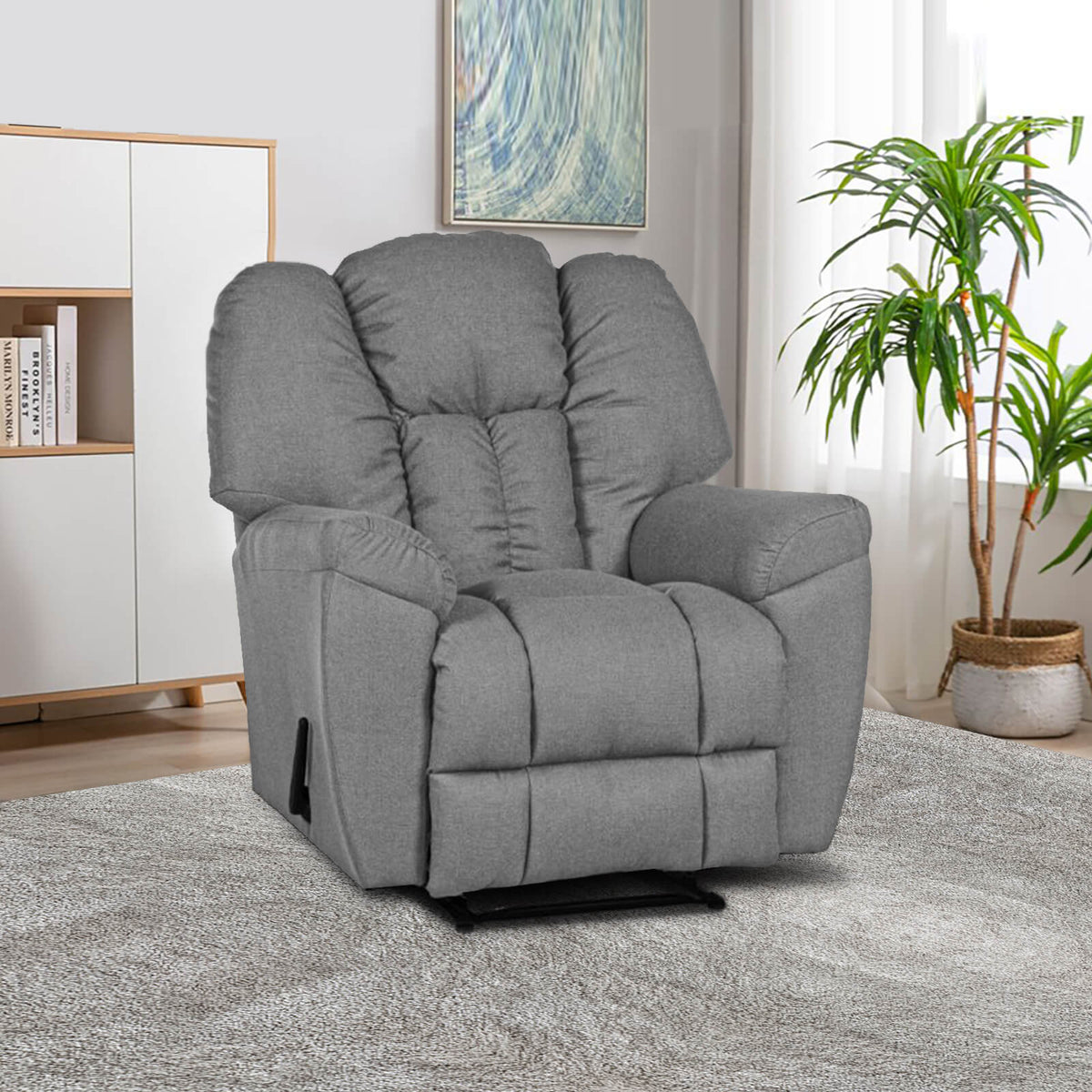 Linen Upholstered Recliner Chair With Bed Mode - Penhaligon's Light Grey Rocking & Rotating