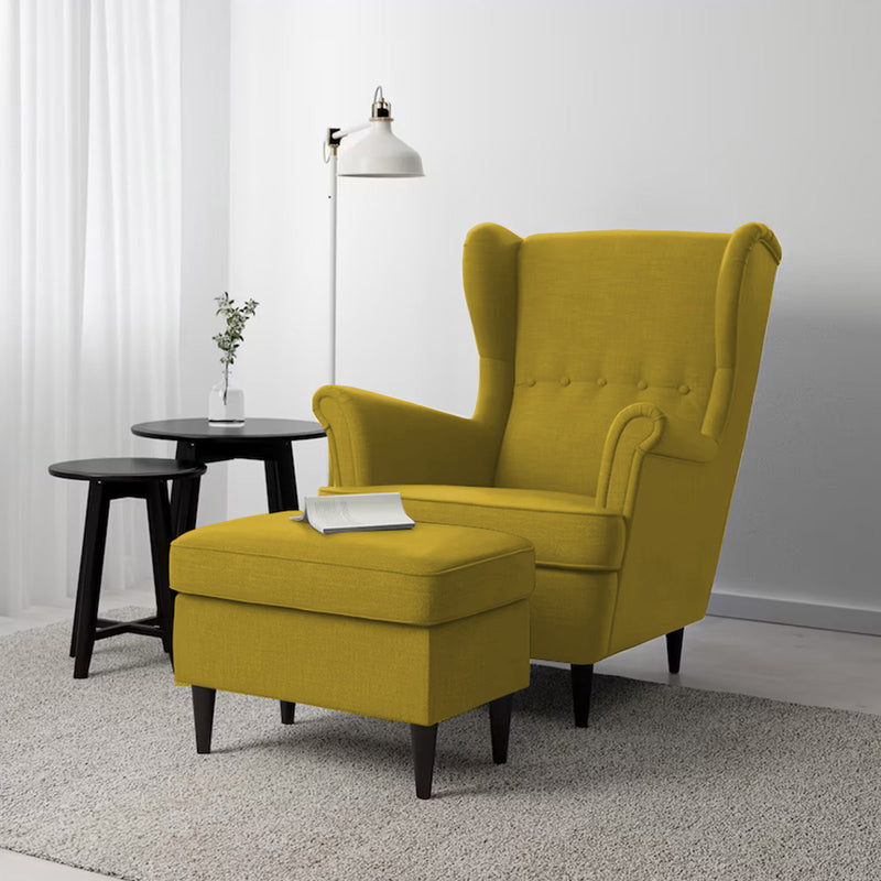 2 Pieces Linen Chair king with Two Wings And FootStool - Yellow - E3