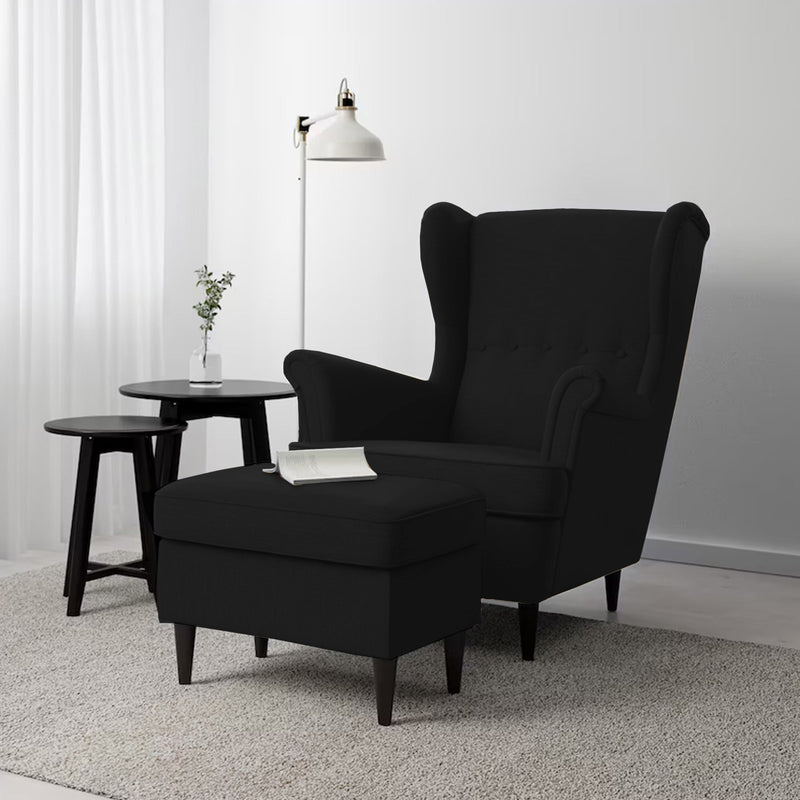 2 Pieces Linen Chair king with Two Wings And FootStool - Black - E3