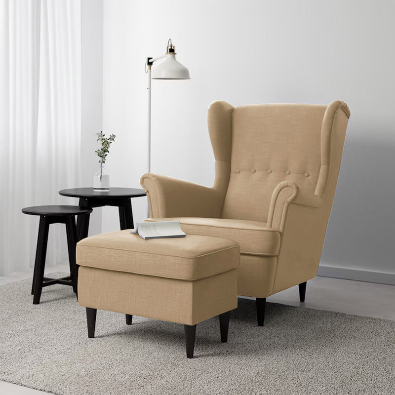 2 Pieces Linen Chair king with Two Wings And FootStool - Light Beige - E3