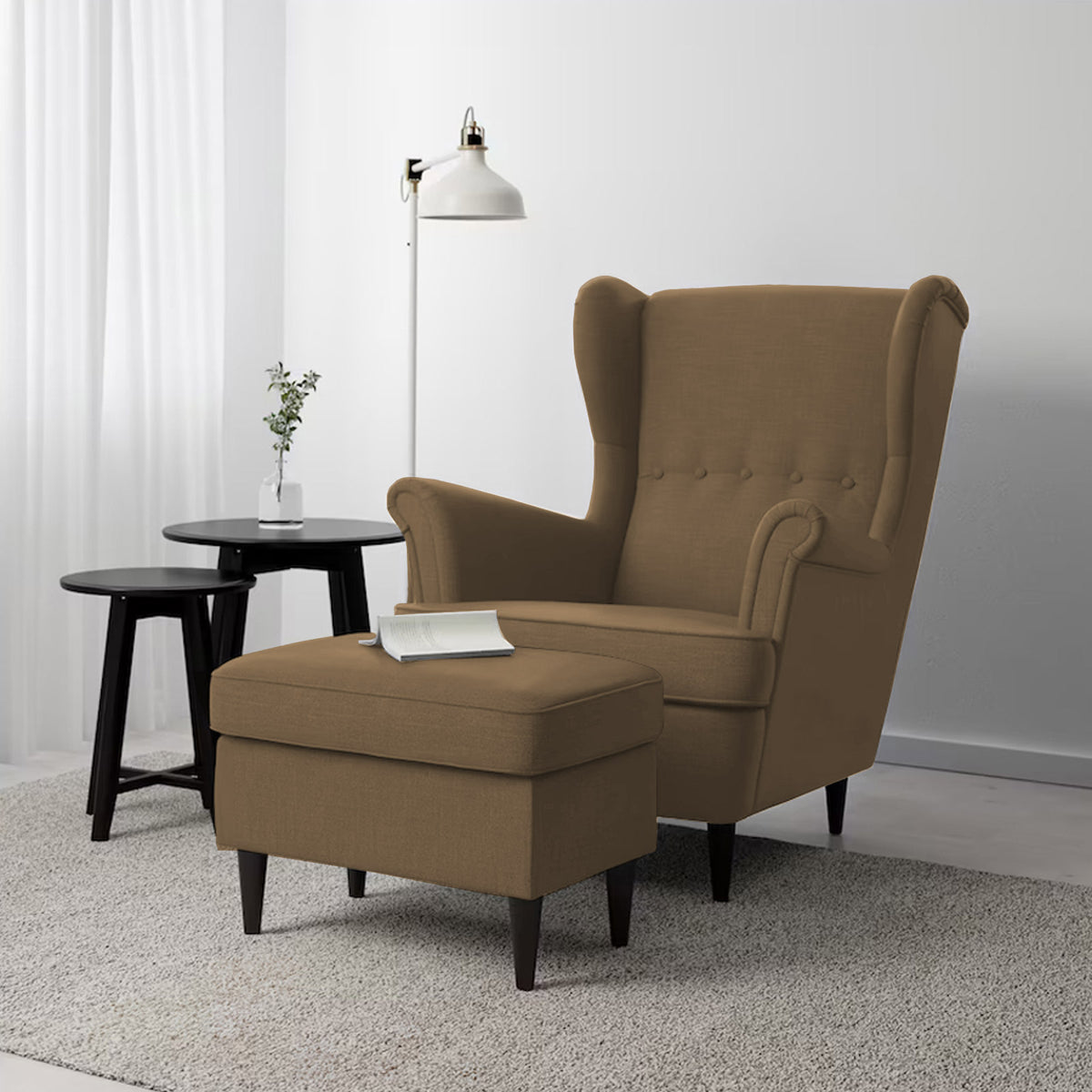 2 Pieces Linen Chair king with Two Wings And FootStool - E3 Brown