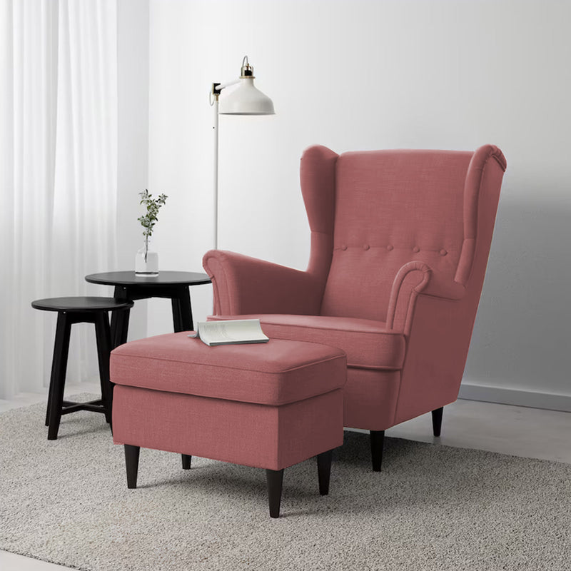 2 Pieces Linen Chair king with Two Wings And FootStool - Dark Pink - E3