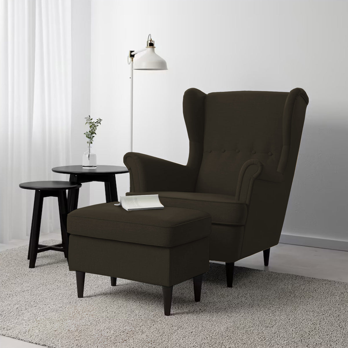 2 Pieces Linen Chair king with Two Wings And FootStool - E3 Dark Brown