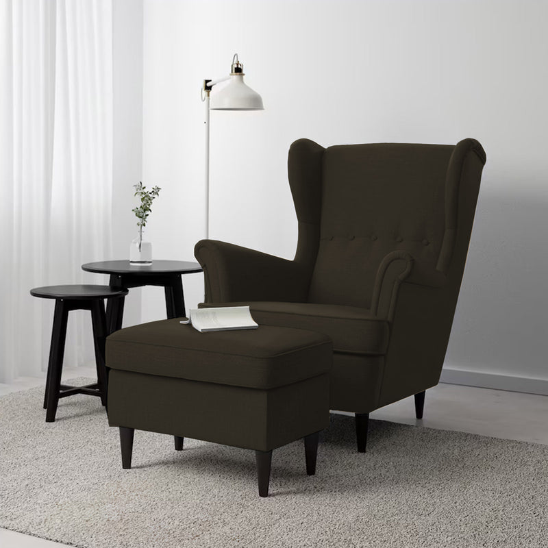 2 Pieces Linen Chair king with Two Wings And FootStool - Dark Brown - E3