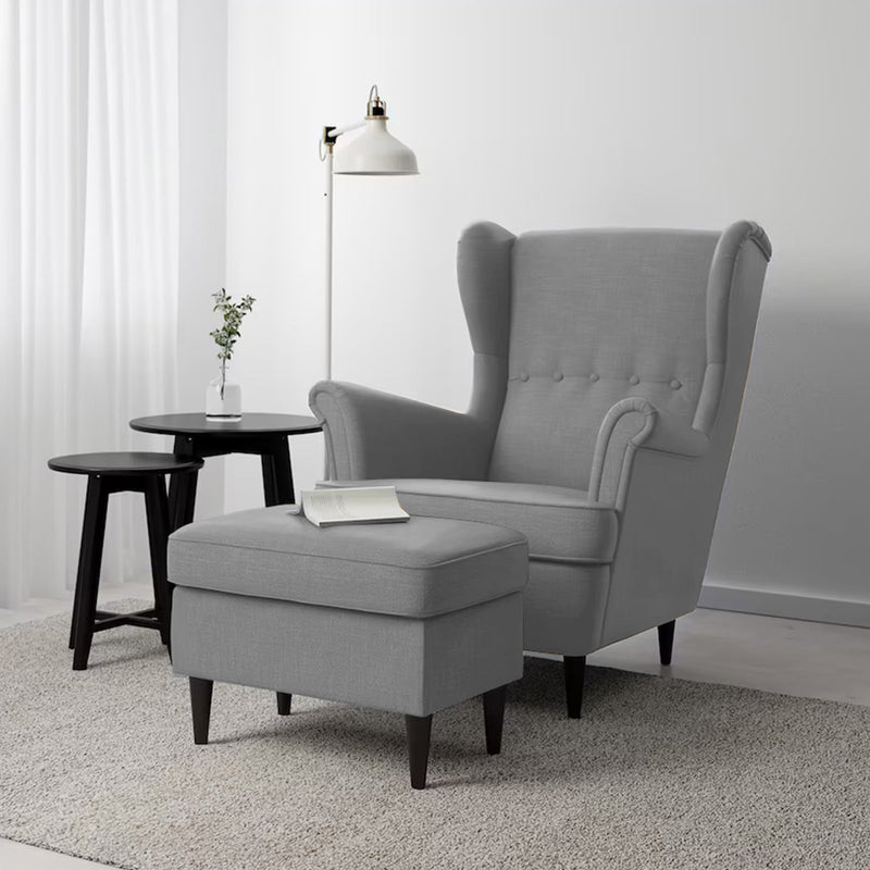 2 Pieces Linen Chair king with Two Wings And FootStool - Light Gray - E3