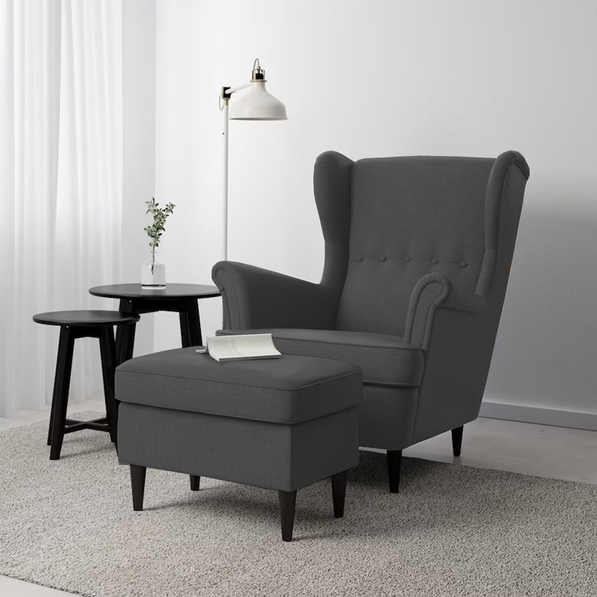 2 Pieces Linen Chair king with Two Wings And FootStool - E3 Dark Grey