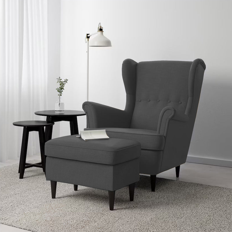 2 Pieces Linen Chair king with Two Wings And FootStool - Dark Gray - E3