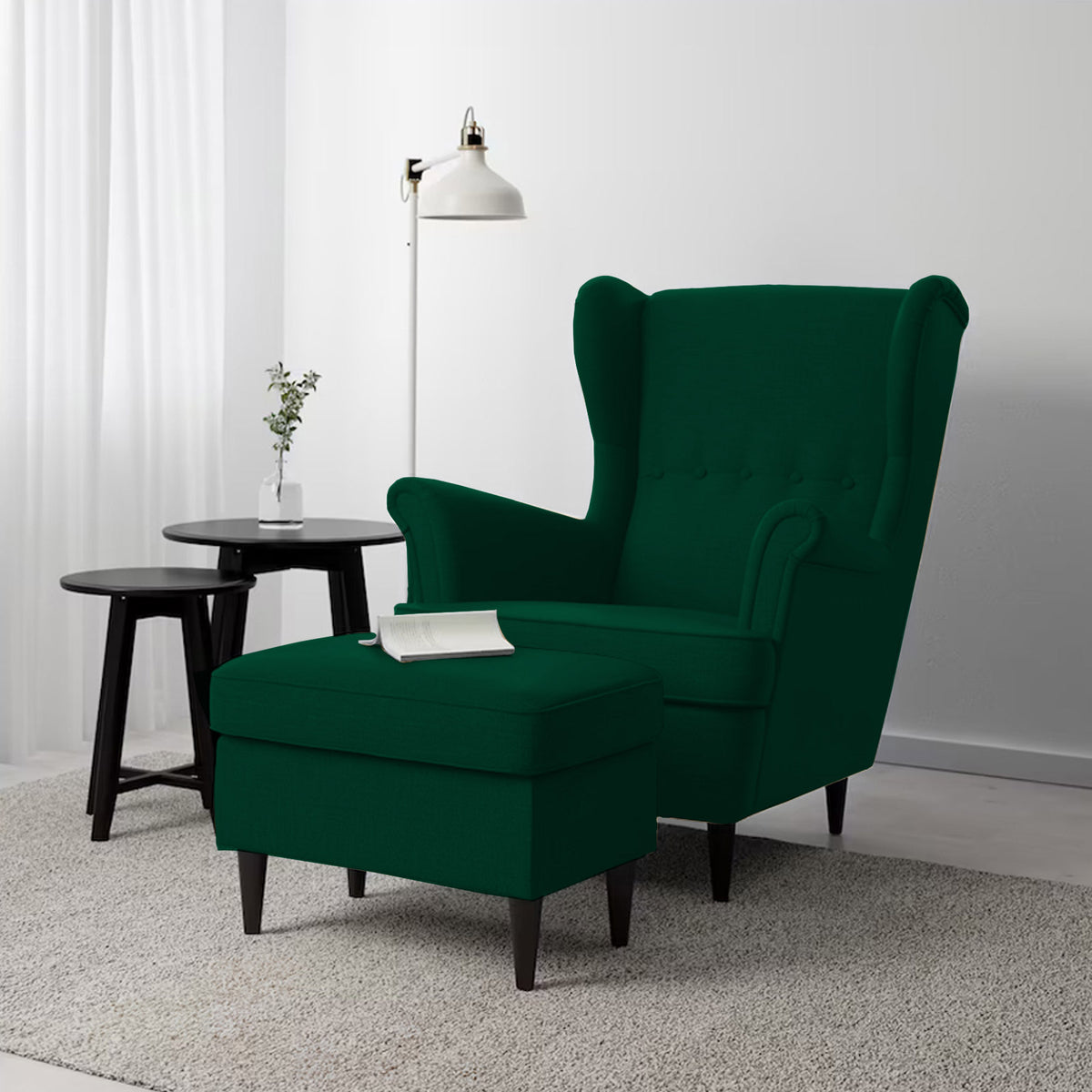 2 Pieces Linen Chair king with Two Wings And FootStool - E3 Dark Green