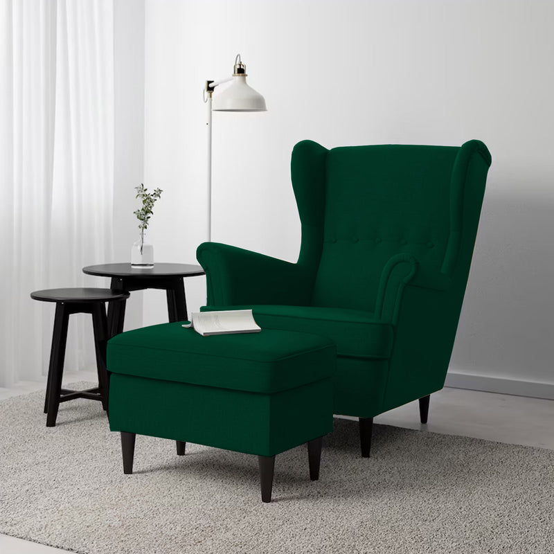 2 Pieces Linen Chair king with Two Wings And FootStool - Dark Green - E3