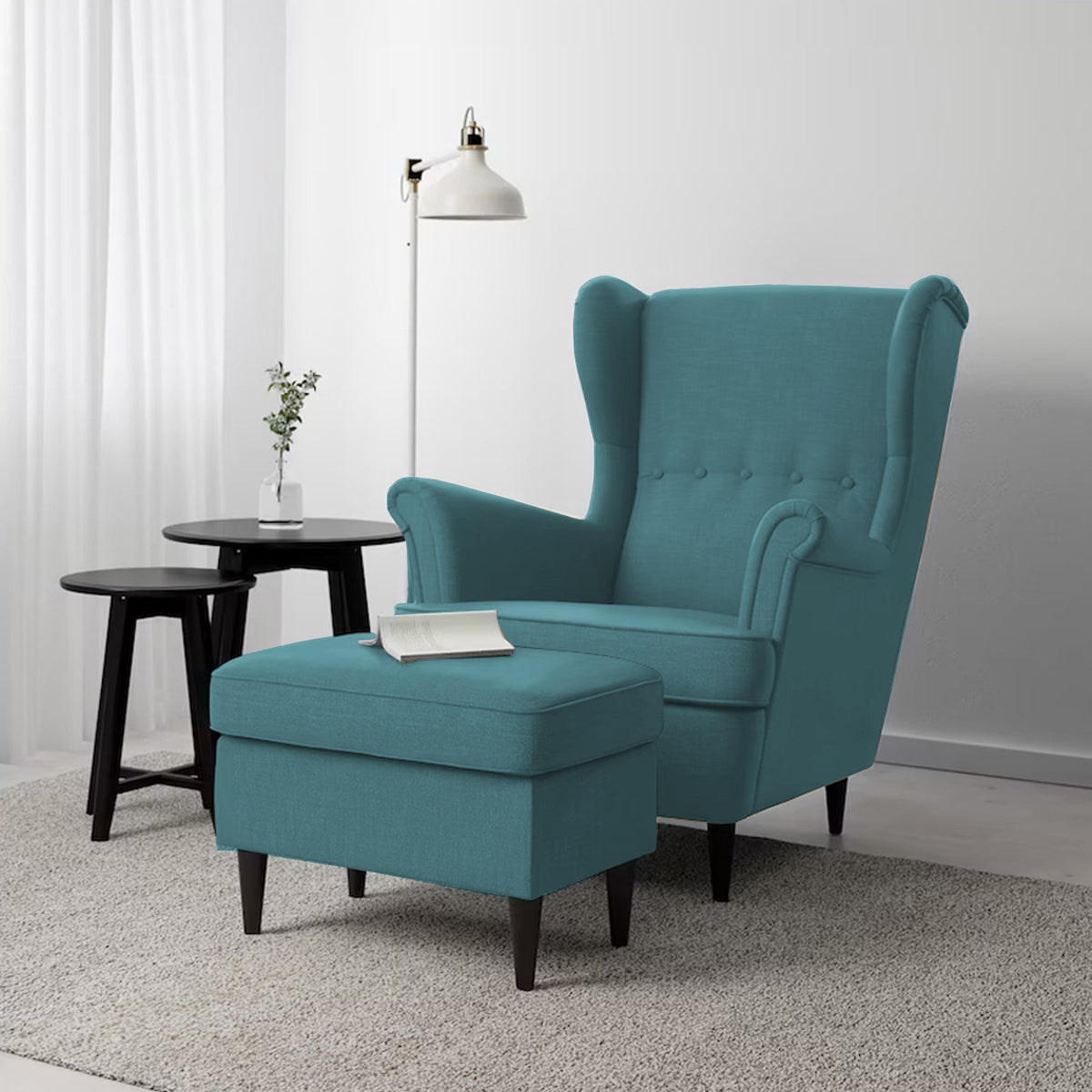 2 Pieces Linen Chair king with Two Wings And FootStool - E3 Turquoise