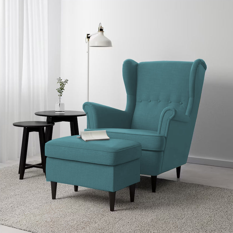 2 Pieces Linen Chair king with Two Wings And FootStool - Turquoise - E3