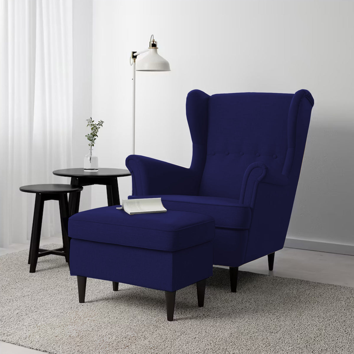 2 Pieces Linen Chair king with Two Wings And FootStool - E3 Dark Blue