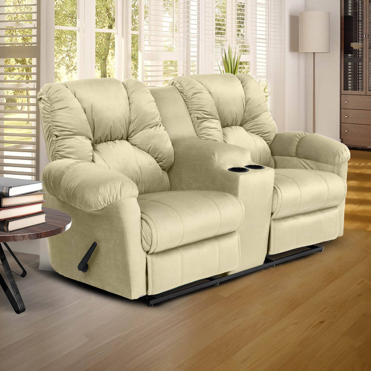 Velvet Double Cinematic Recliner Chair with Cups Holder - American Polo Dark Ivory