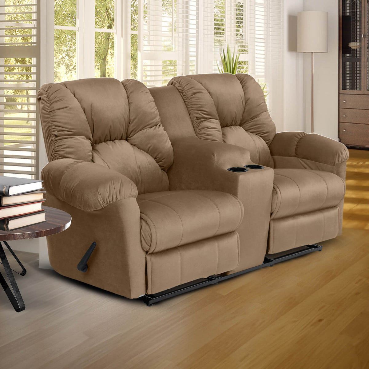 Velvet Double Cinematic Recliner Chair with Cups Holder - American Polo Light Brown