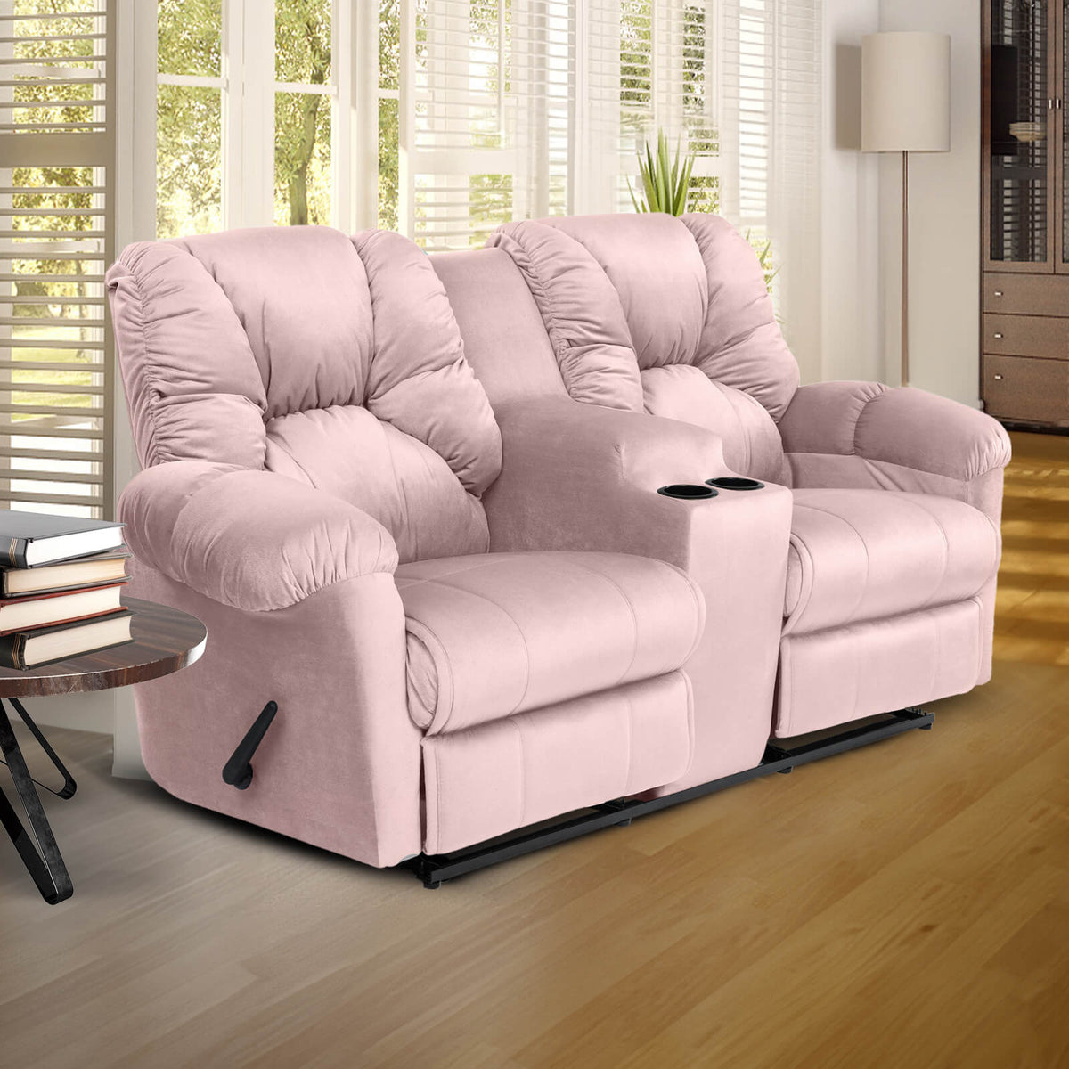 Velvet Double Cinematic Recliner Chair with Cups Holder - American Polo Light Pink