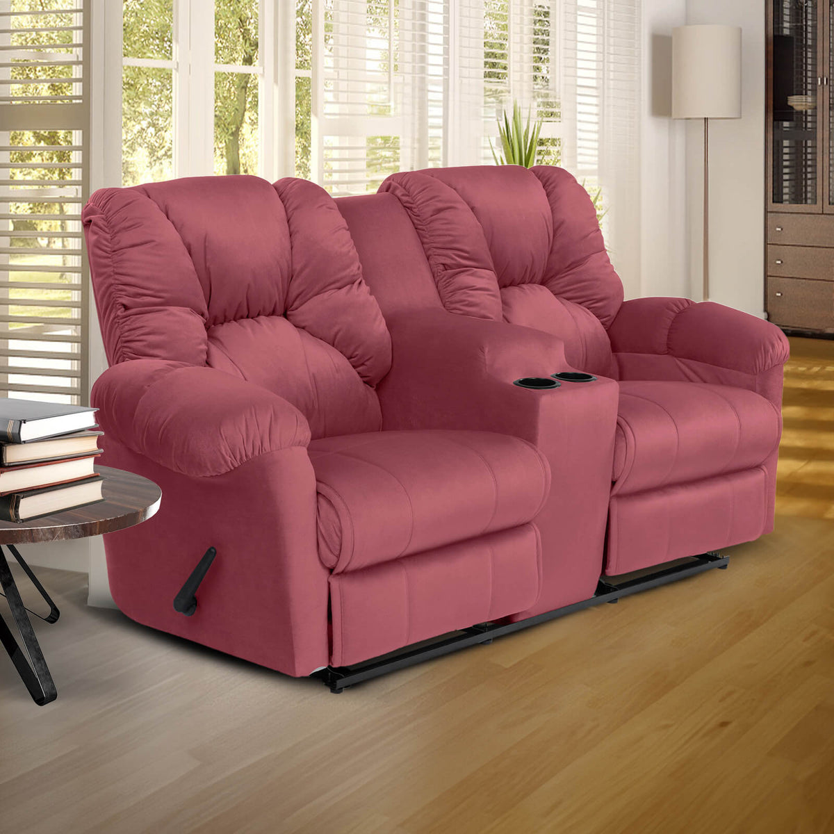 Velvet Double Cinematic Recliner Chair with Cups Holder - American Polo Dark Pink