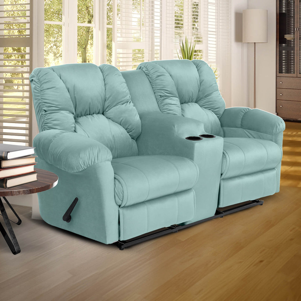 Velvet Double Cinematic Recliner Chair with Cups Holder - American Polo Light Turquoise