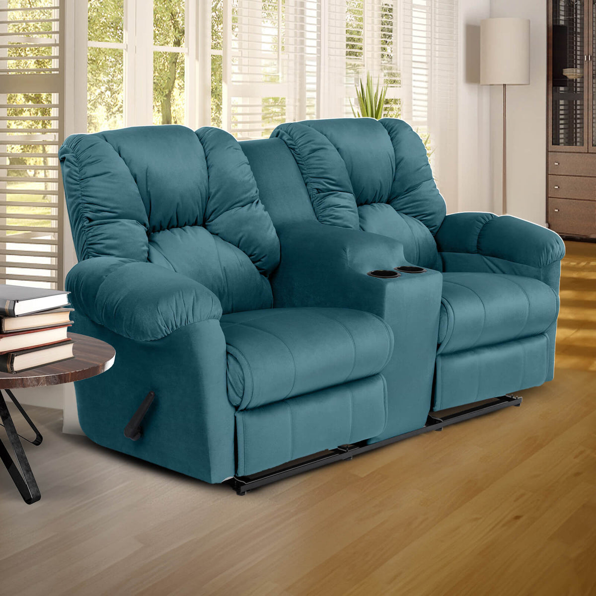 Velvet Double Cinematic Recliner Chair with Cups Holder - American Polo Dark Turquoise