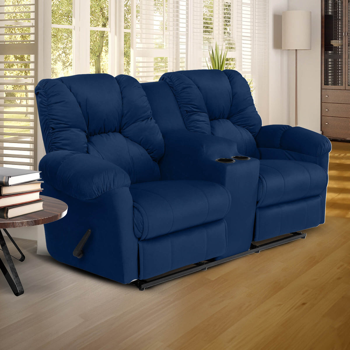 Velvet Double Cinematic Recliner Chair with Cups Holder - American Polo Dark Blue