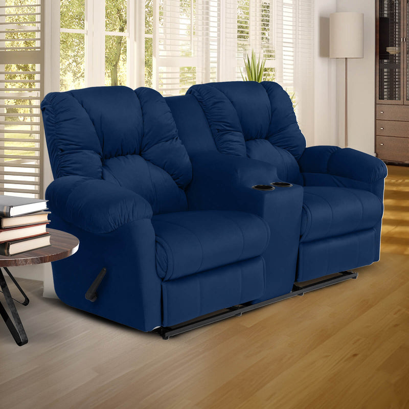 Velvet Double Cinematic Recliner Chair with Cups Holder - Dark Blue - American Polo