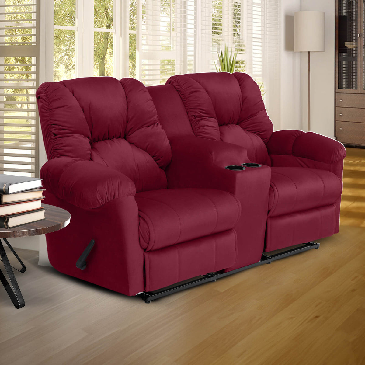 Velvet Double Cinematic Recliner Chair with Cups Holder - American Polo Burgundy