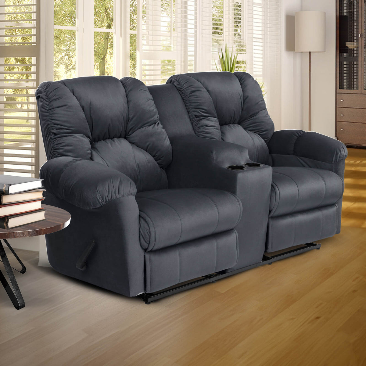 Velvet Double Cinematic Recliner Chair with Cups Holder - American Polo Dark Grey