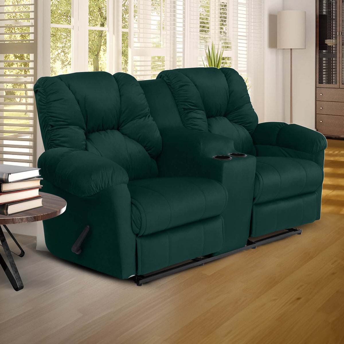 Velvet Double Cinematic Recliner Chair with Cups Holder - American Polo Dark Green